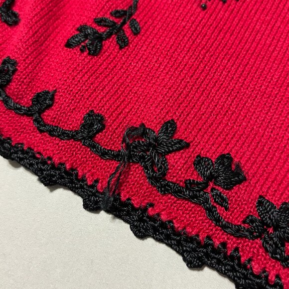 Kathie Lee Red Black Embroidered Cardigan L Ramie Cotton Vintage Grandmacore - Picture 7 of 16